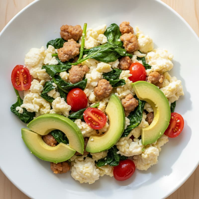 Egg White and Turkey Sausage Scramble with Spinach and Tomatoes