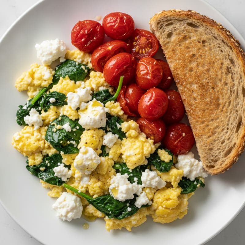 Cottage Cheese Egg Scramble with Spinach and Tomatoes
