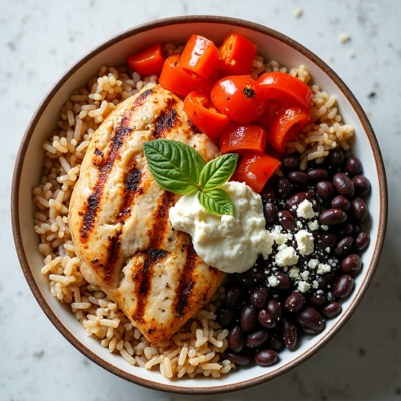 Grilled Chicken and Black Bean Bowl with Brown Rice and Roasted Peppers