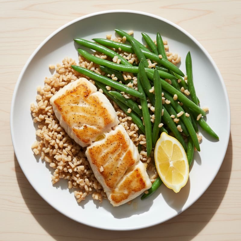 Seared Cod with Steamed Green Beans and Brown Rice