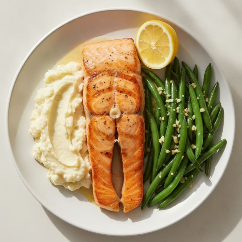 Seared Salmon with Garlic Green Beans and Mashed Cauliflower