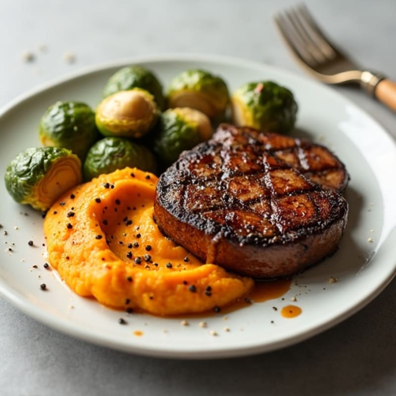 Seared Sirloin Steak with Roasted Brussels Sprouts and Sweet Potato Mash