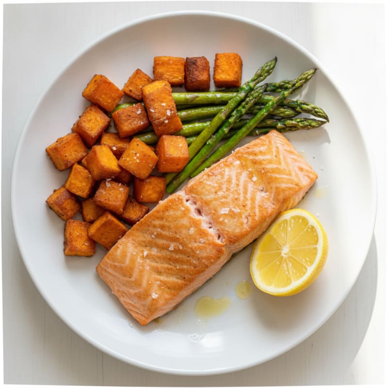 Seared Salmon Fillet with Roasted Sweet Potatoes and Asparagus