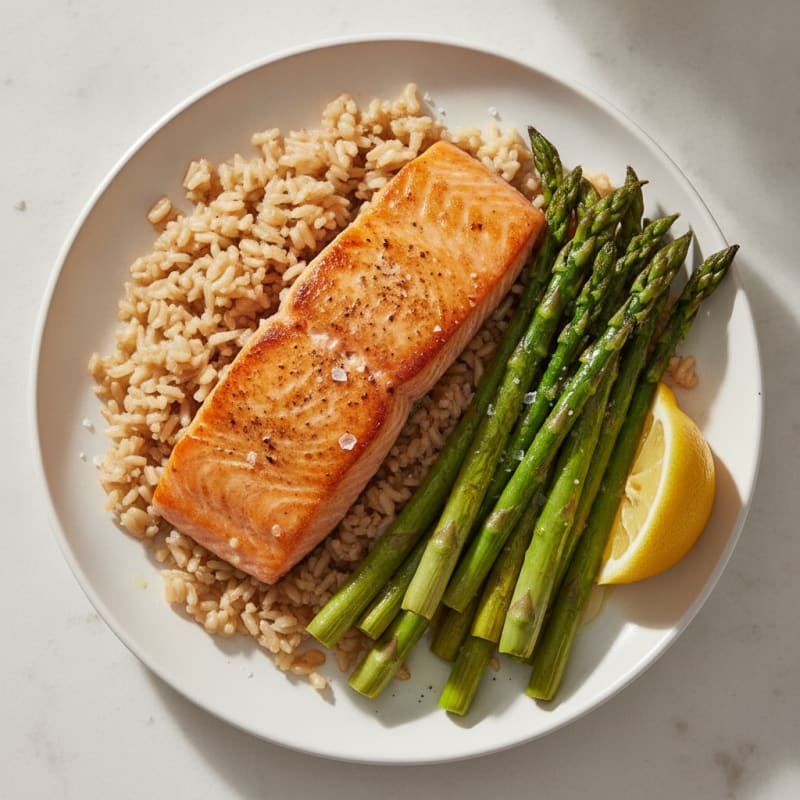 Seared Salmon Fillet with Roasted Asparagus and Brown Rice