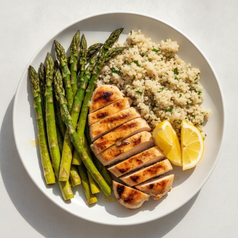 Grilled Chicken Breast with Roasted Asparagus and Quinoa