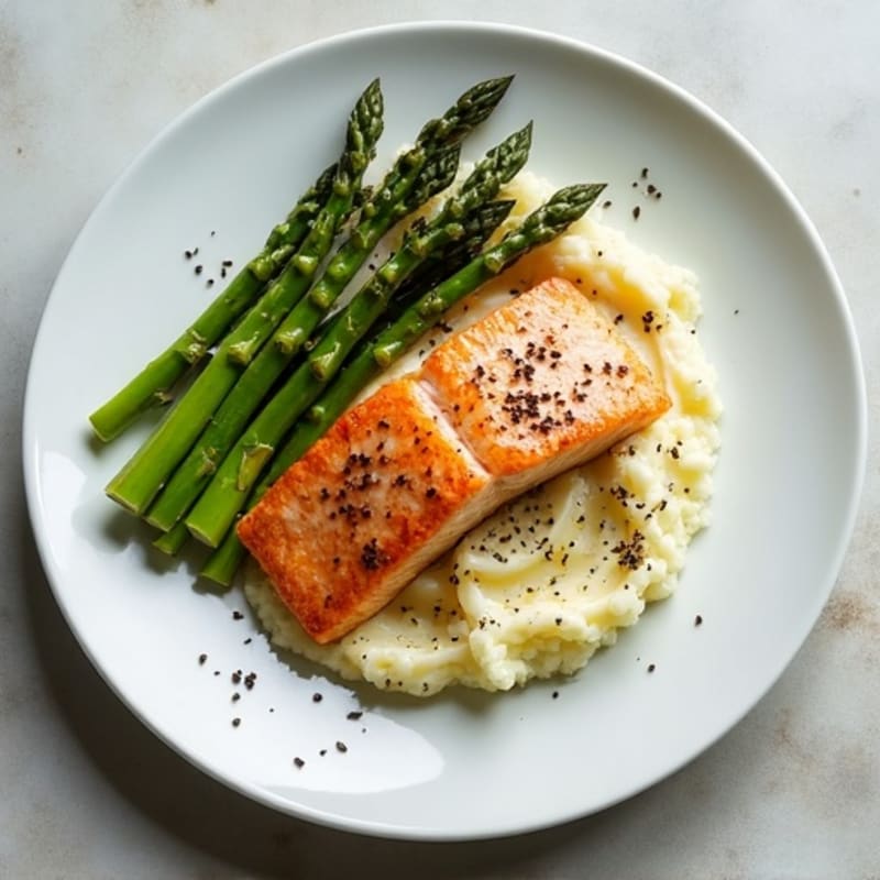 Seared Salmon Fillet with Roasted Asparagus and Cauliflower Mash