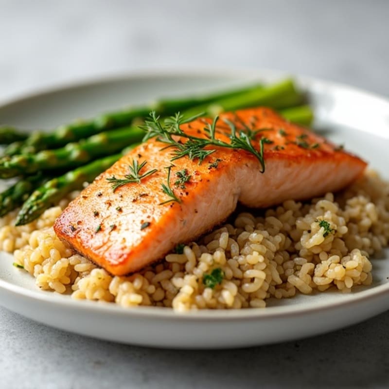 Seared Salmon with Steamed Asparagus and Herbed Brown Rice