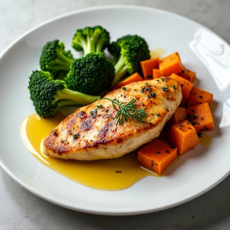 Seared Chicken Breast with Roasted Sweet Potatoes and Steamed Broccoli