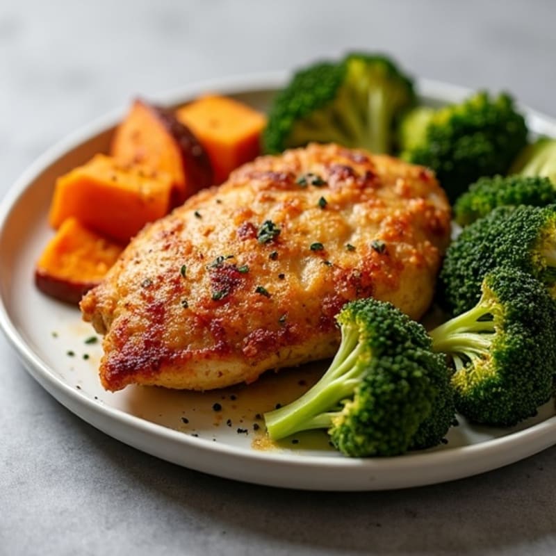 Crispy Baked Chicken Thighs with Roasted Sweet Potatoes and Broccoli