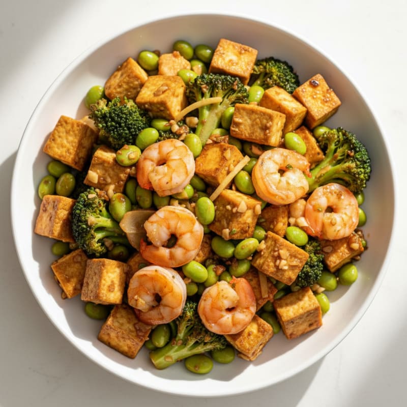 Crispy Tofu and Edamame Stir Fry with Broccoli