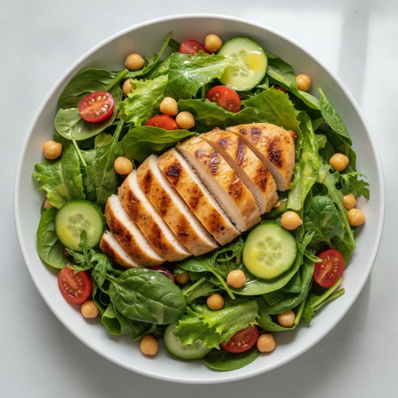 Grilled Chicken Breast Salad with Mixed Greens and Chickpeas
