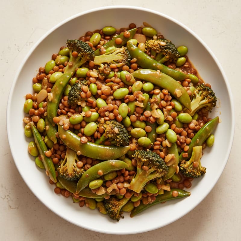 Lentil and Edamame Stir Fry with Broccoli and Snap Peas