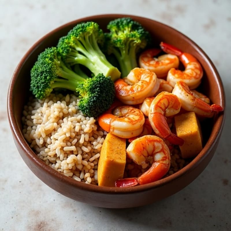 Clay Pot Seared Tofu and Shrimp with Steamed Broccoli and Brown Rice