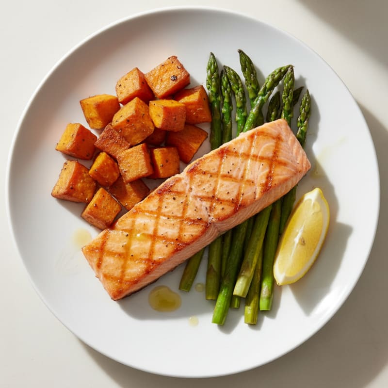 Seared Salmon Fillet with Roasted Sweet Potato and Asparagus