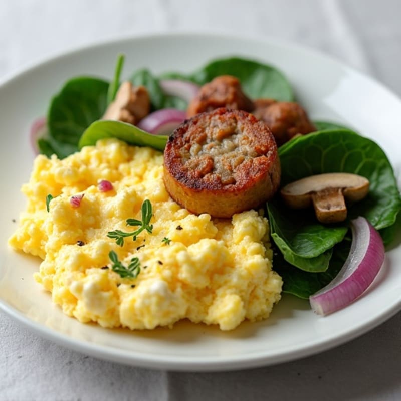 Fluffy Egg White Scramble with Spinach and Lean Turkey Sausage
