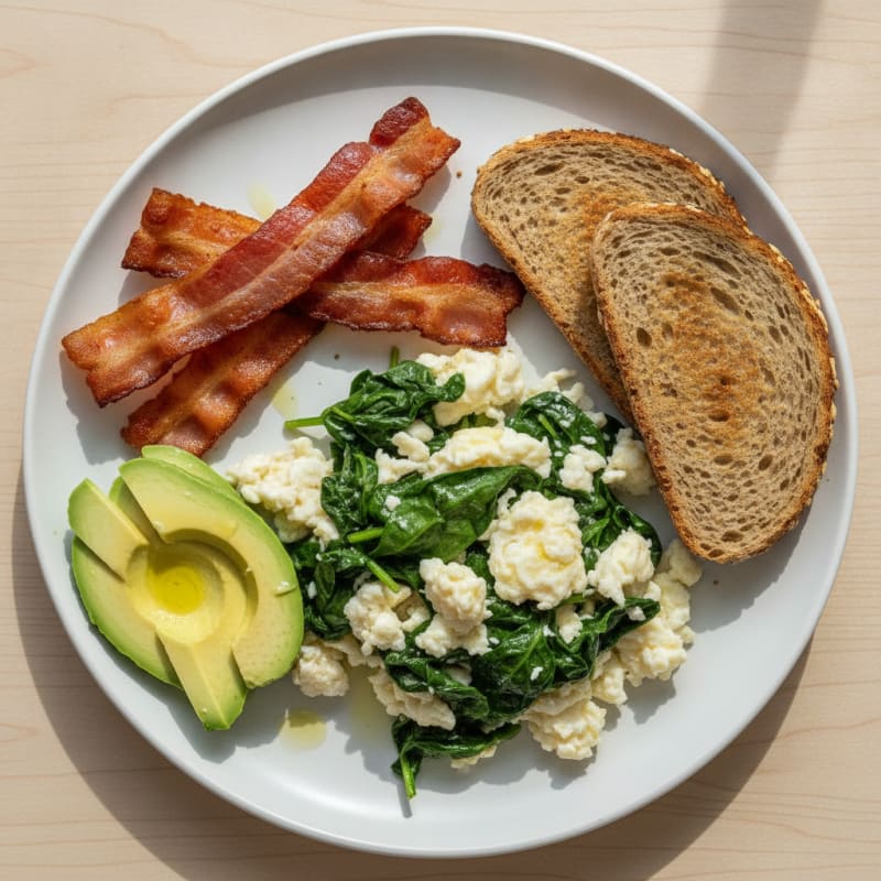 Crispy Turkey Bacon and Egg White Scramble with Spinach
