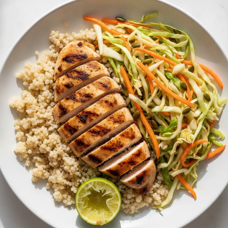 Grilled Chicken Breast with Crunchy Cabbage Slaw and Quinoa