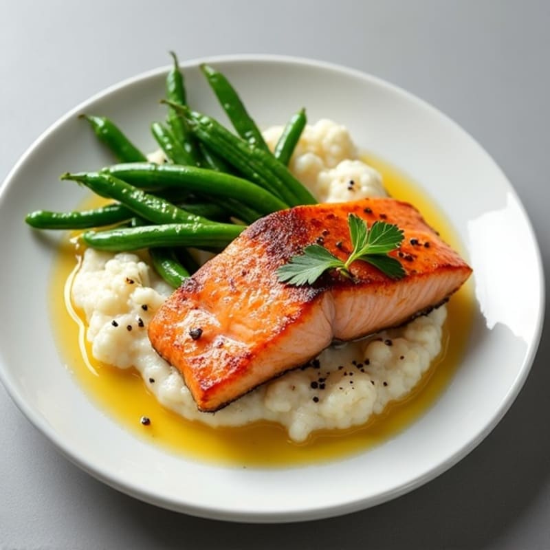 Seared Salmon with Garlic Green Beans and Cauliflower Mash