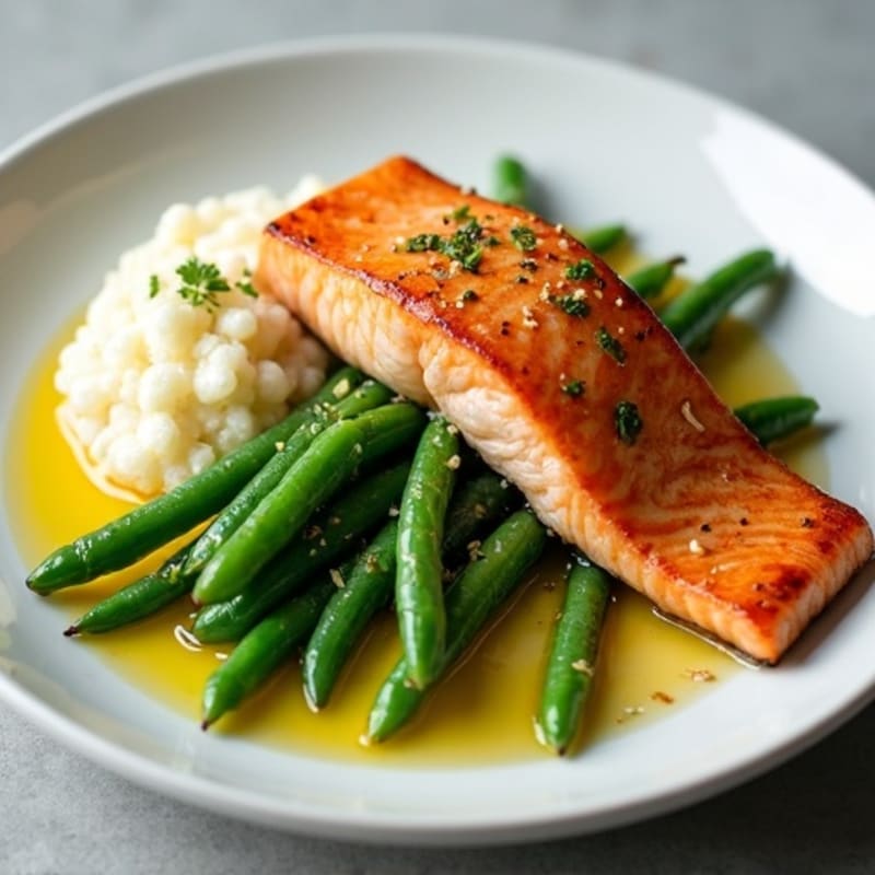 Seared Salmon with Garlic Green Beans and Cauliflower Mash