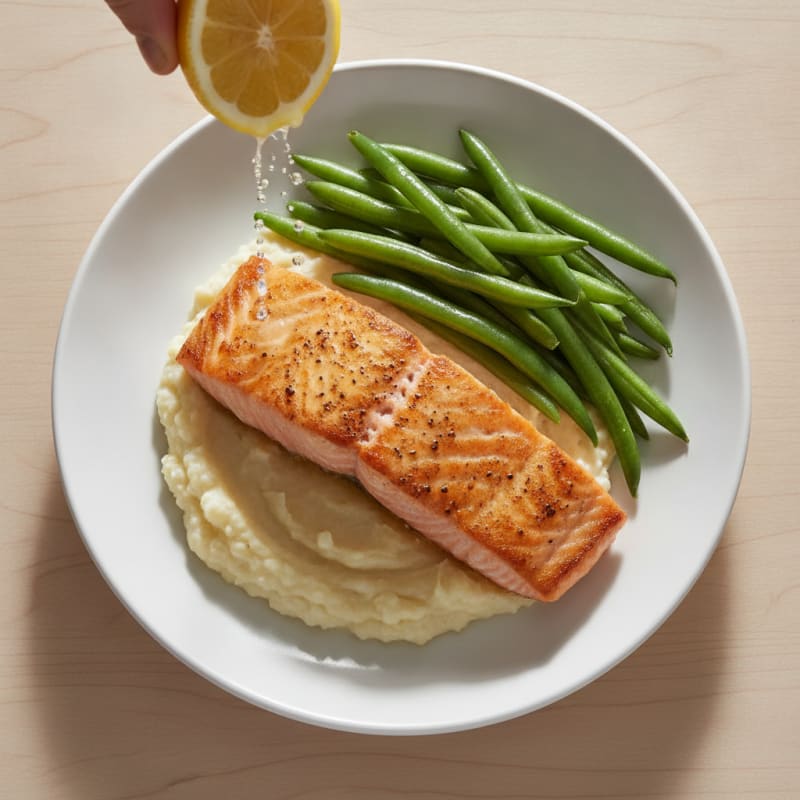 Seared Salmon with Steamed Green Beans and Cauliflower Mash