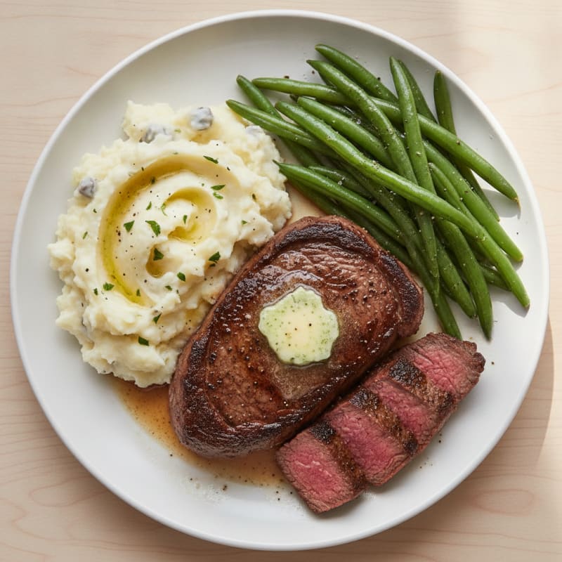 Seared Sirloin Steak with Garlic Mashed Potatoes and Steamed Green Beans