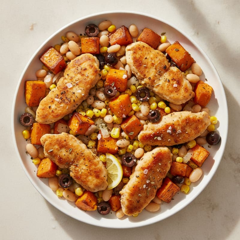 Mediterranean Chicken and Roasted Sweet Potatoes