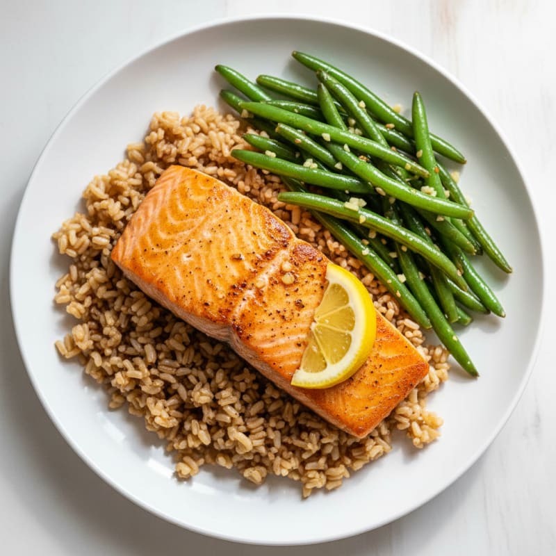 Seared Salmon with Garlic Green Beans and Brown Rice