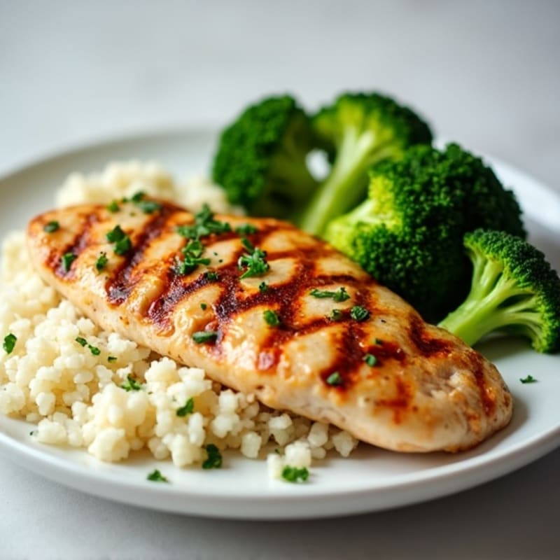 Grilled Chicken Breast with Steamed Broccoli and Cauliflower Rice