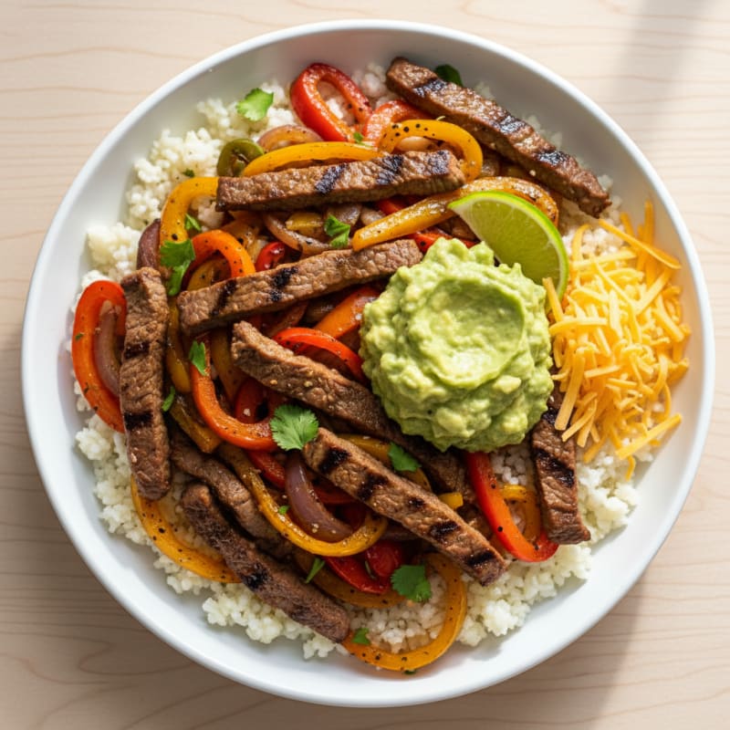 Steak Fajita Bowl with Guacamole and Cheese
