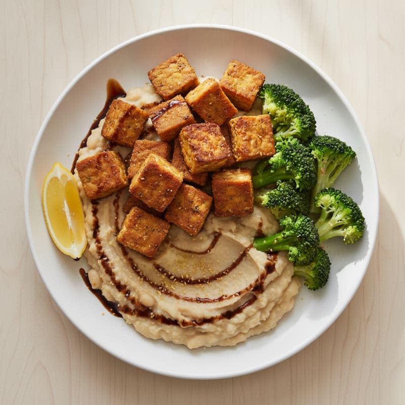 Seared Tempeh with Creamy White Bean Mash and Steamed Broccoli