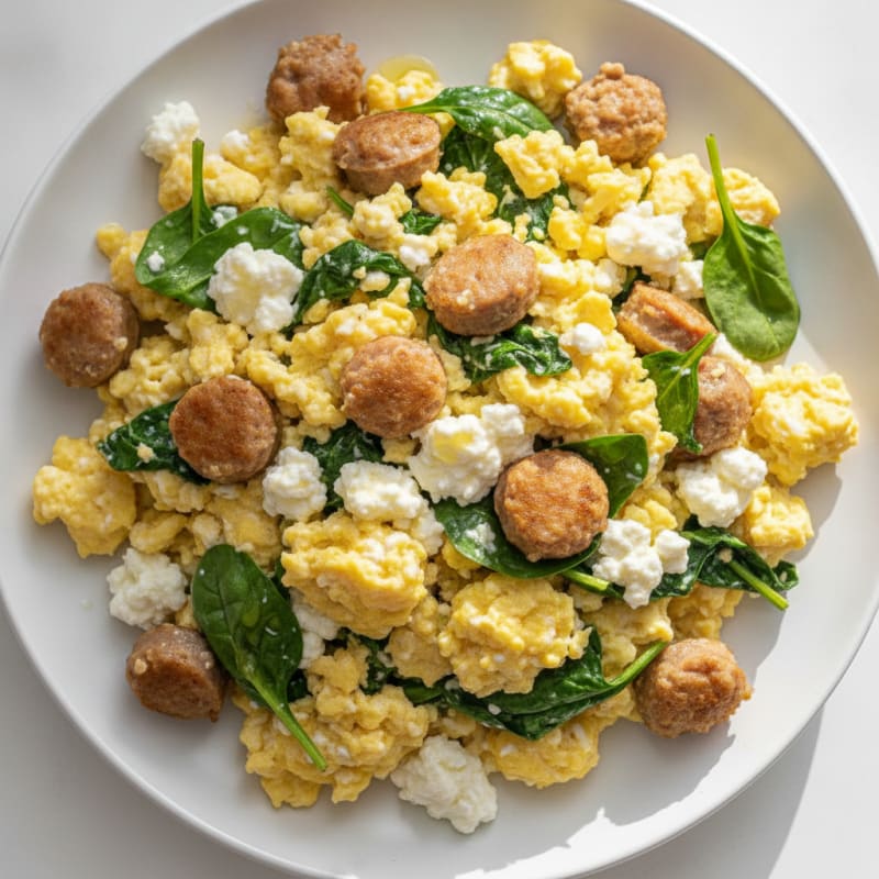 Cottage Cheese Scramble with Turkey Sausage and Spinach