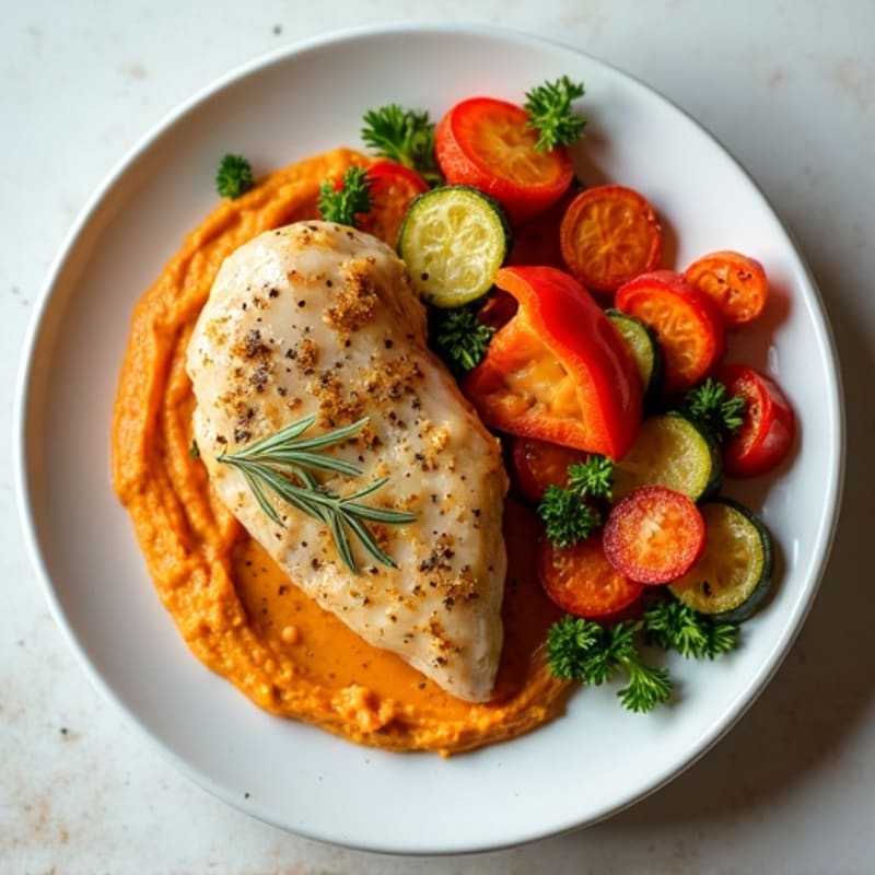 Lemon Herb Chicken with Crispy Roasted Vegetables and Creamy Roasted Red Pepper Hummus