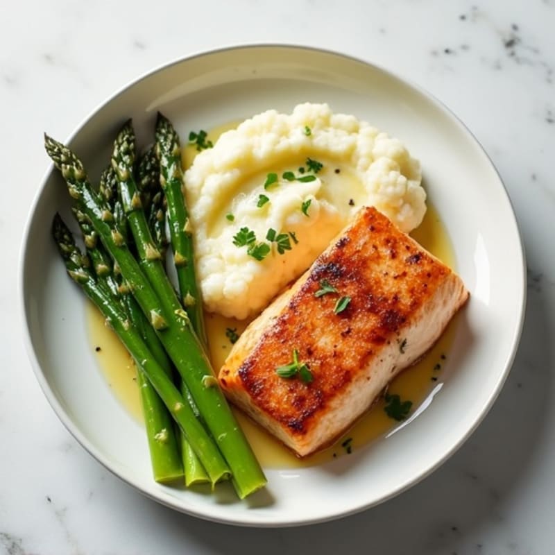 Seared Salmon with Steamed Asparagus and Cauliflower Mash