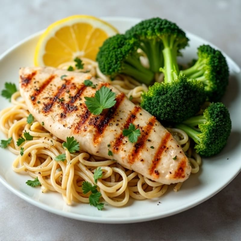 Grilled Chicken Breast with Herb Pasta and Steamed Broccoli