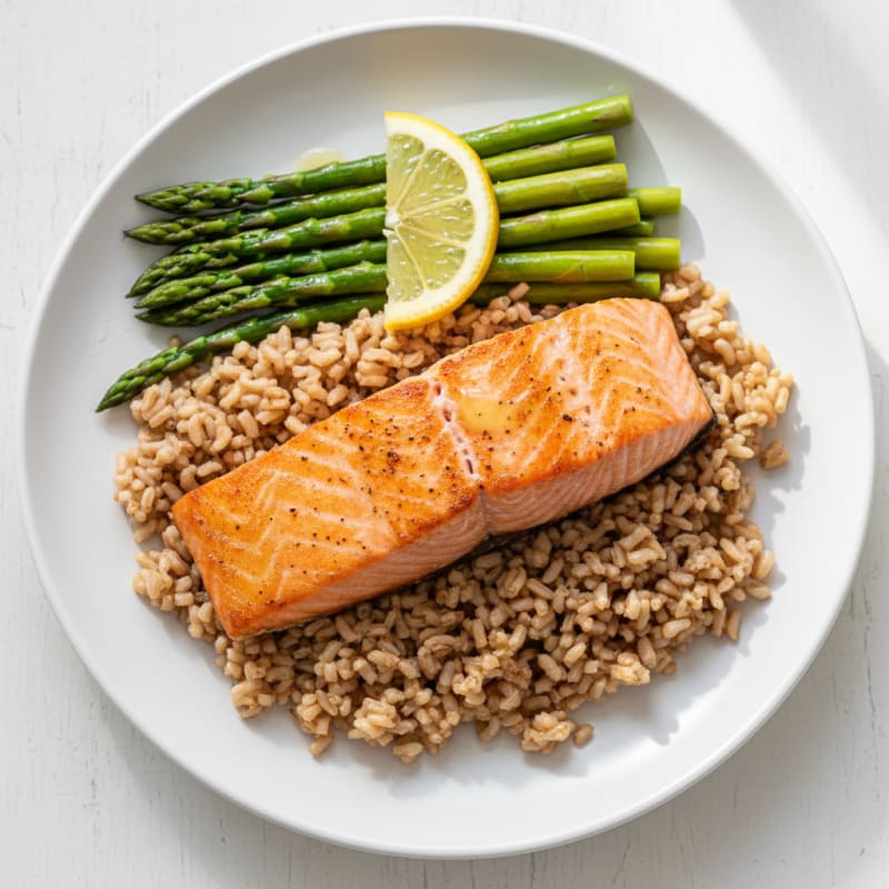 Seared Salmon Fillet with Steamed Asparagus and Brown Rice