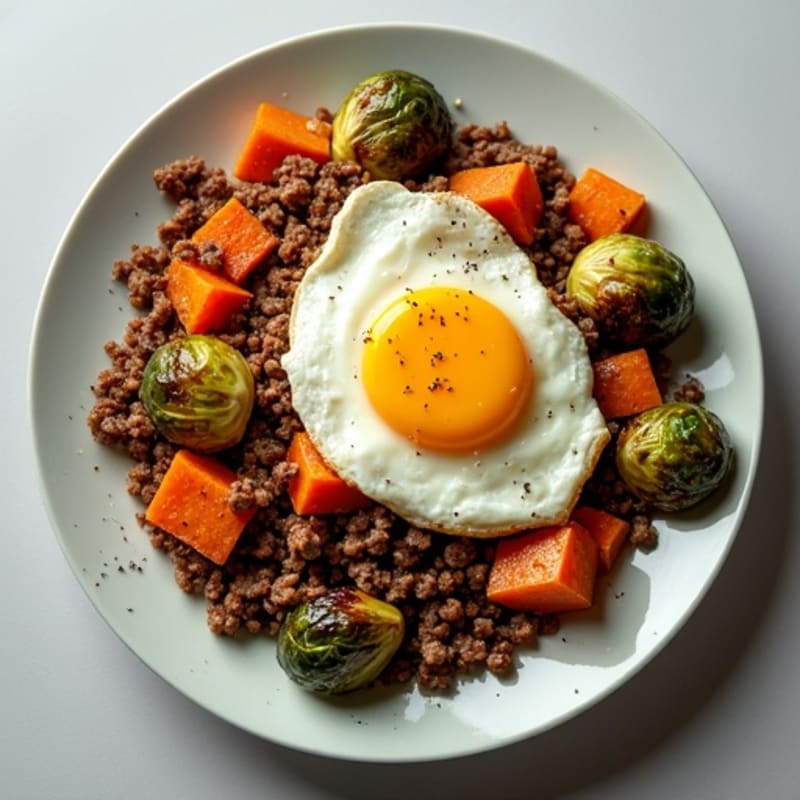 Hearty Beef and Sweet Potato Hash with Crispy Roasted Brussels Sprouts