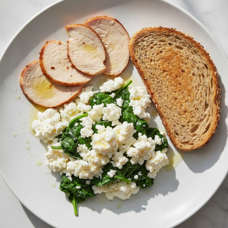 Egg White and Spinach Scramble with Cottage Cheese and Sliced Turkey