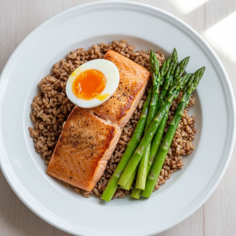 Seared Salmon Fillet with Steamed Asparagus and Brown Rice