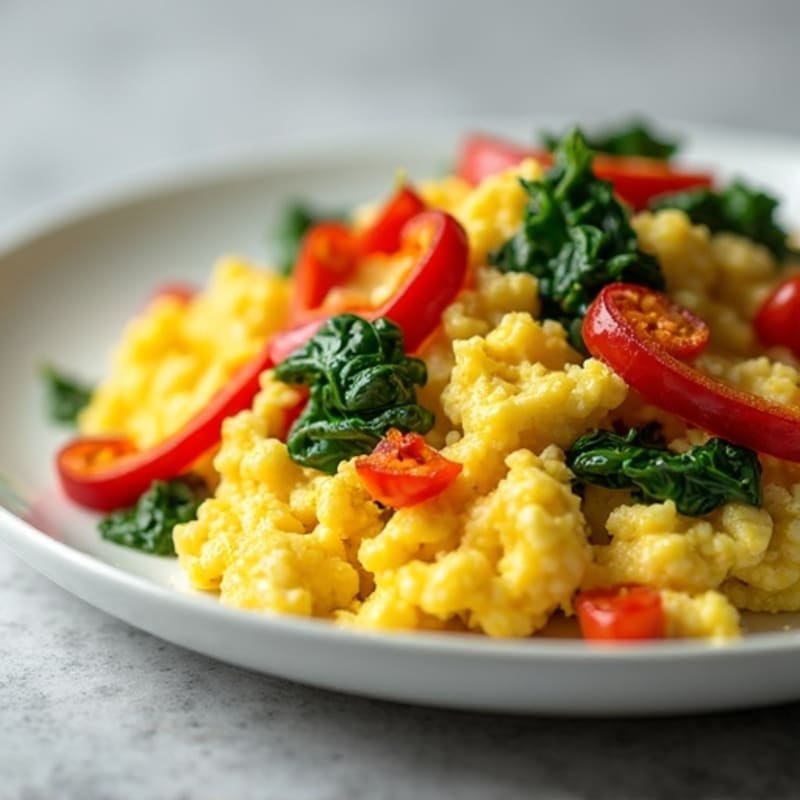 Fluffy Scrambled Eggs with Sautéed Peppers and Greens