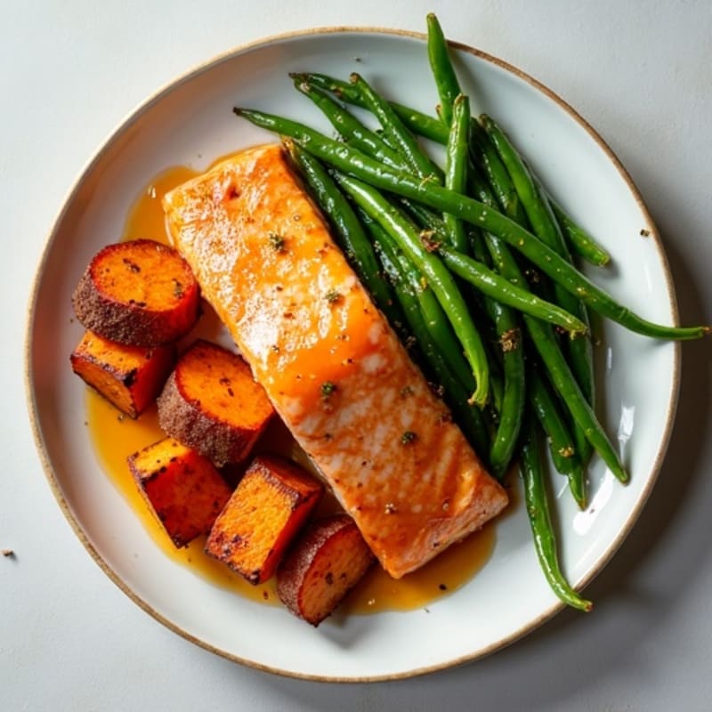 Maple Glazed Salmon with Roasted Sweet Potatoes and Crispy Green Beans