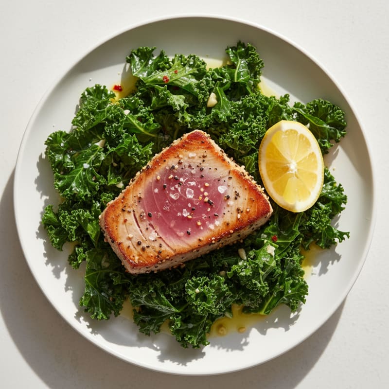 Pan-Seared Tuna with Zesty Lemon-Garlic Kale