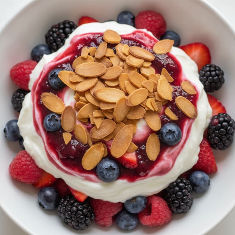 Greek Yogurt Protein Parfait with Mixed Berries and Almonds