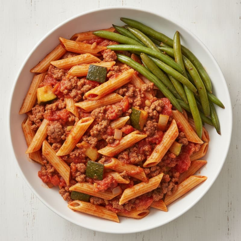 Lean Beef and Vegetable Pasta with Tomato Sauce and Green Beans