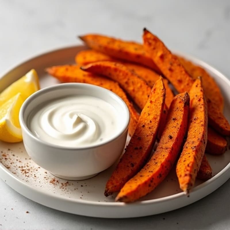 Crispy Cinnamon-Spiced Baked Sweet Potato Sticks with Creamy Vanilla Protein Dip