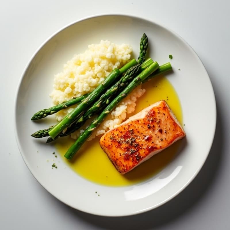 Seared Salmon with Steamed Asparagus and Cauliflower Mash