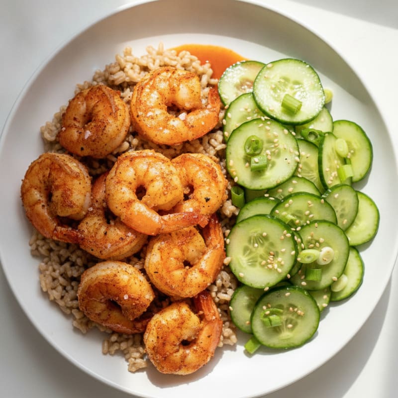 Gochugaru Shrimp with Chilled Korean Cucumber Salad