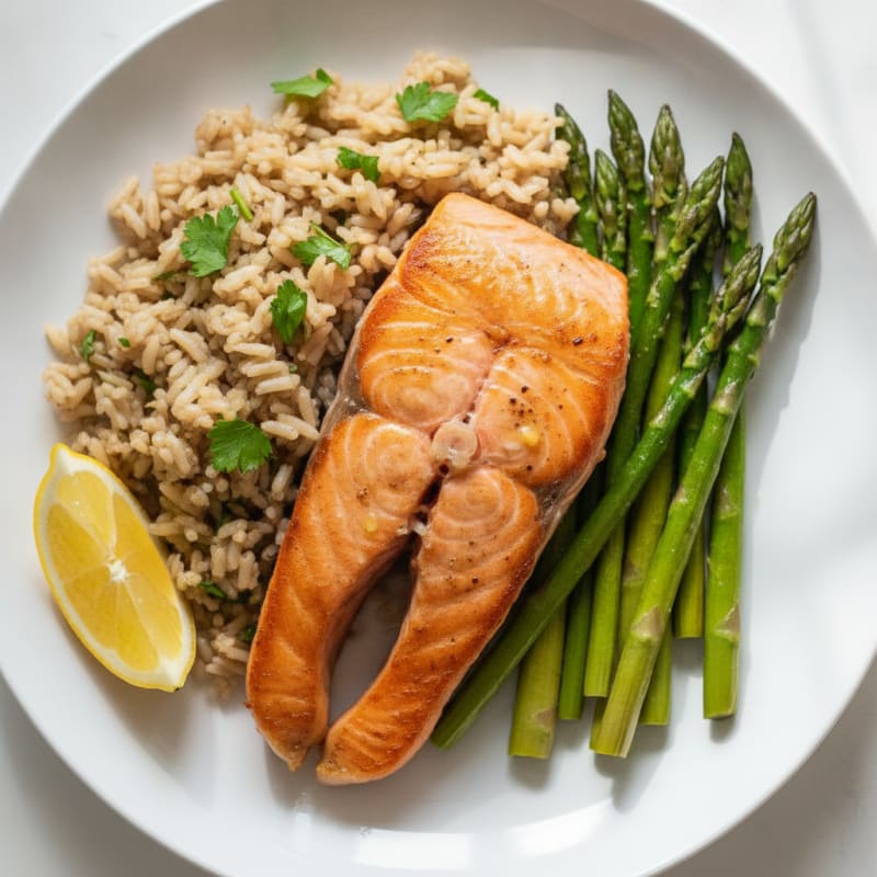 Pan-Seared Salmon with Herb Rice and Roasted Asparagus