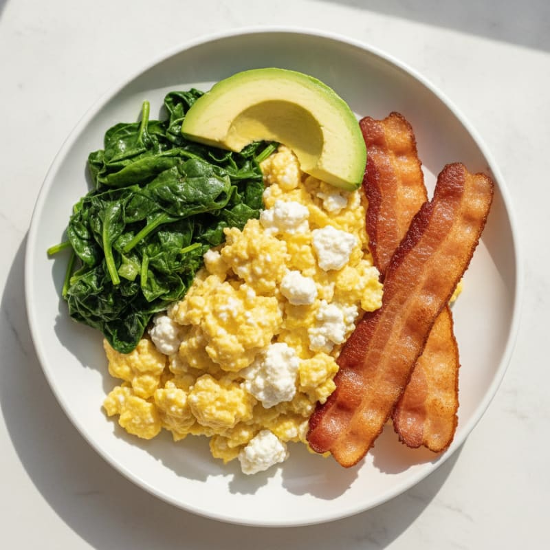 Cottage Cheese Scramble with Turkey Bacon and Sautéed Spinach