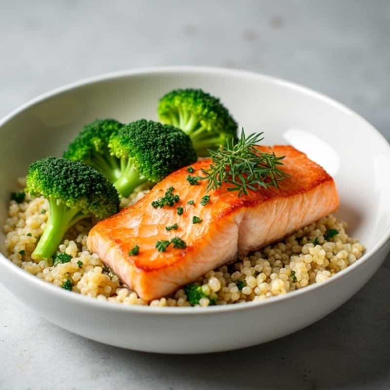 Seared Salmon Fillet with Steamed Broccoli and Herbed Quinoa