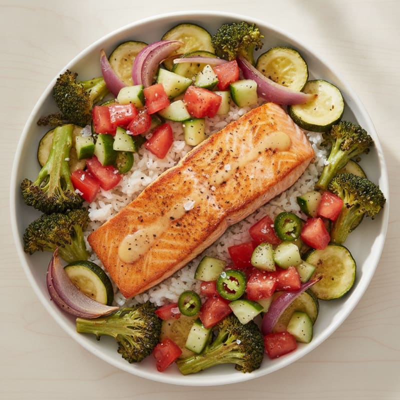 Pan-Seared Salmon with Roasted Vegetables and Rice